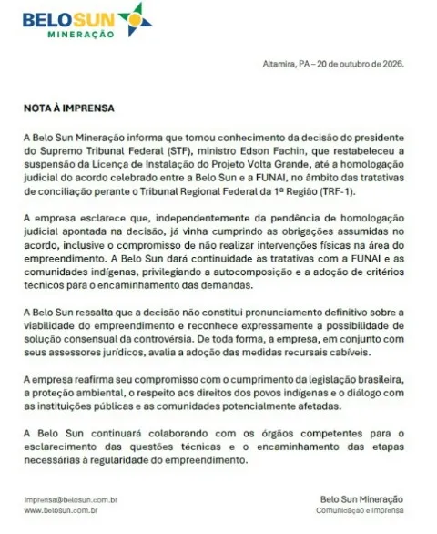 Nota &agrave; imprensa da Belo Sun Minera&ccedil;&atilde;o, divulgada em 20 de outubro de 2026